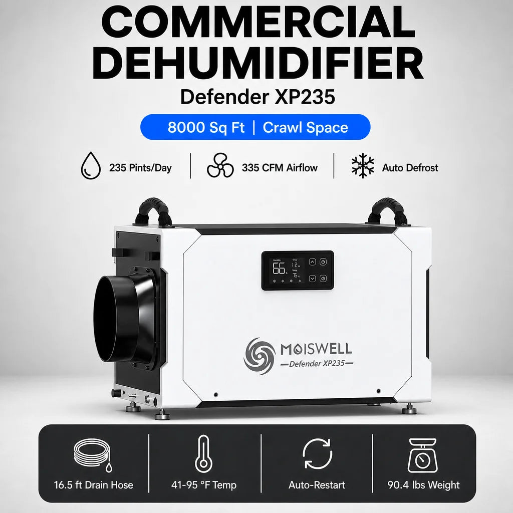 Moiswell Defender XP235 235 Pints 8000 Sq Ft Built-in Pump Auto Defrost Industrial Crawl Space Dehumidifier