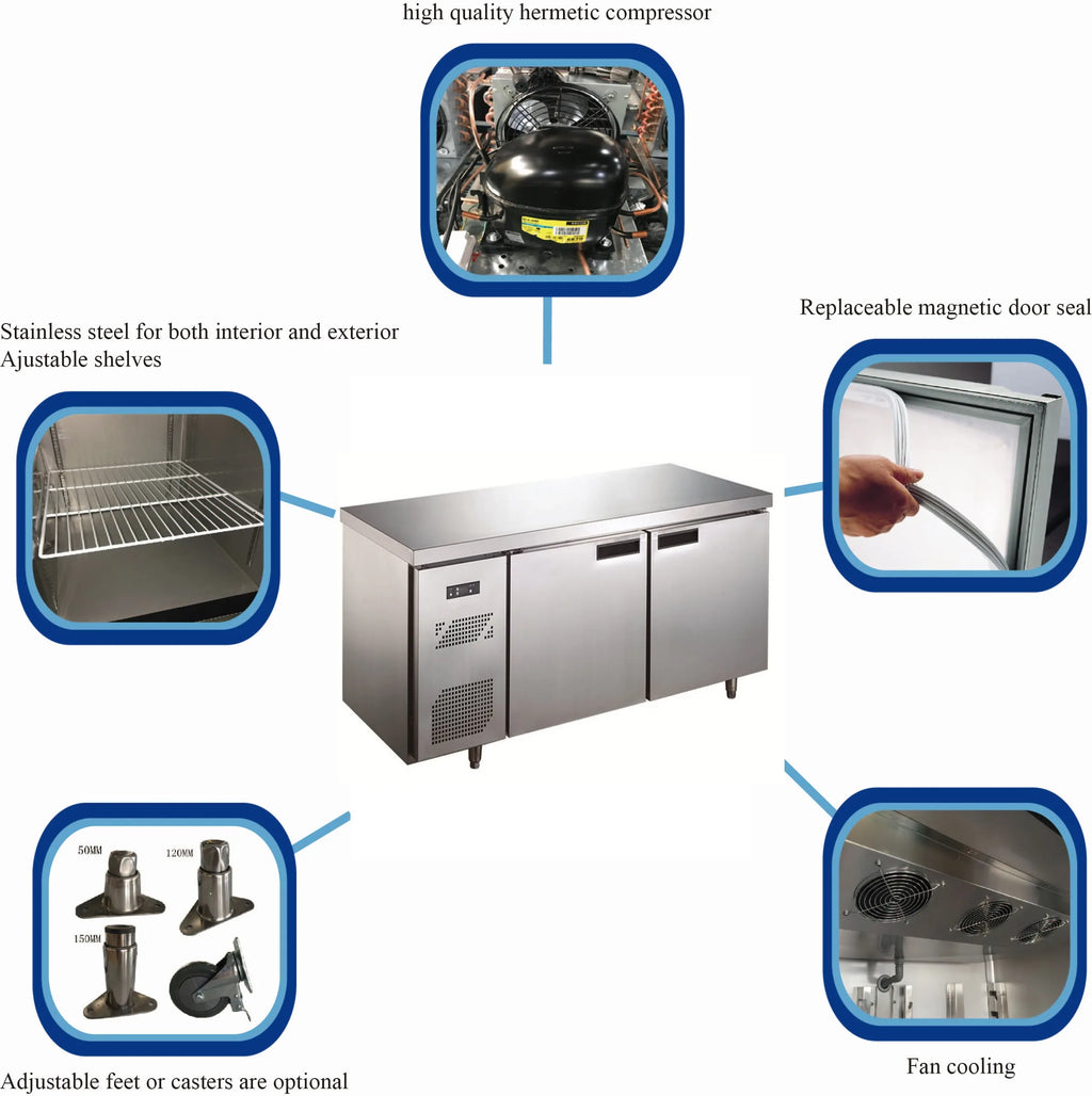 Commercial 2-Door Undercounter Refrigerator - 304/201 Stainless Steel Energy Efficient Auto Defrost