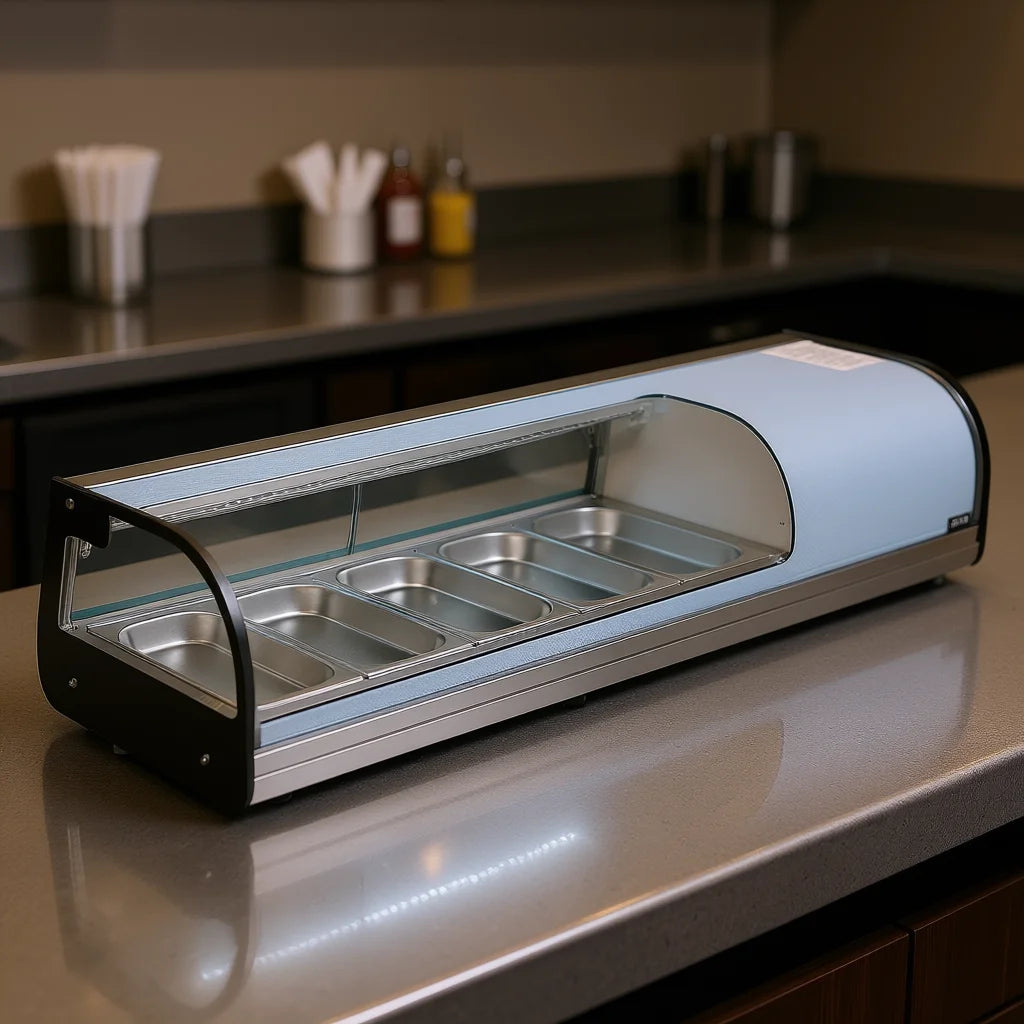 Commercial Sushi Display Case 1.8 Cu.ft 5-Pan Countertop Curved Glass LED Lighting Digital Temperature Control