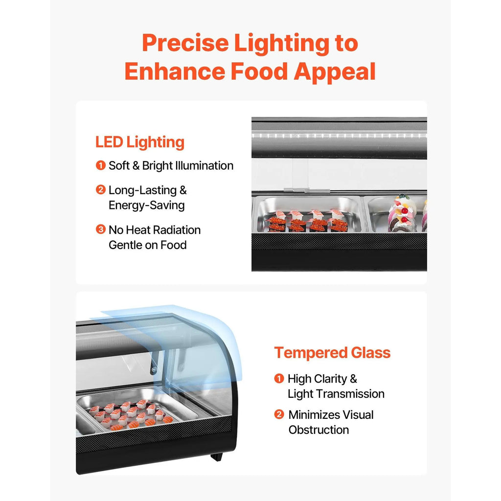 Commercial 2.9 Cu.ft Sushi Display Refrigerator 5-Pan Countertop Showcase Curved Glass LED Fridge
