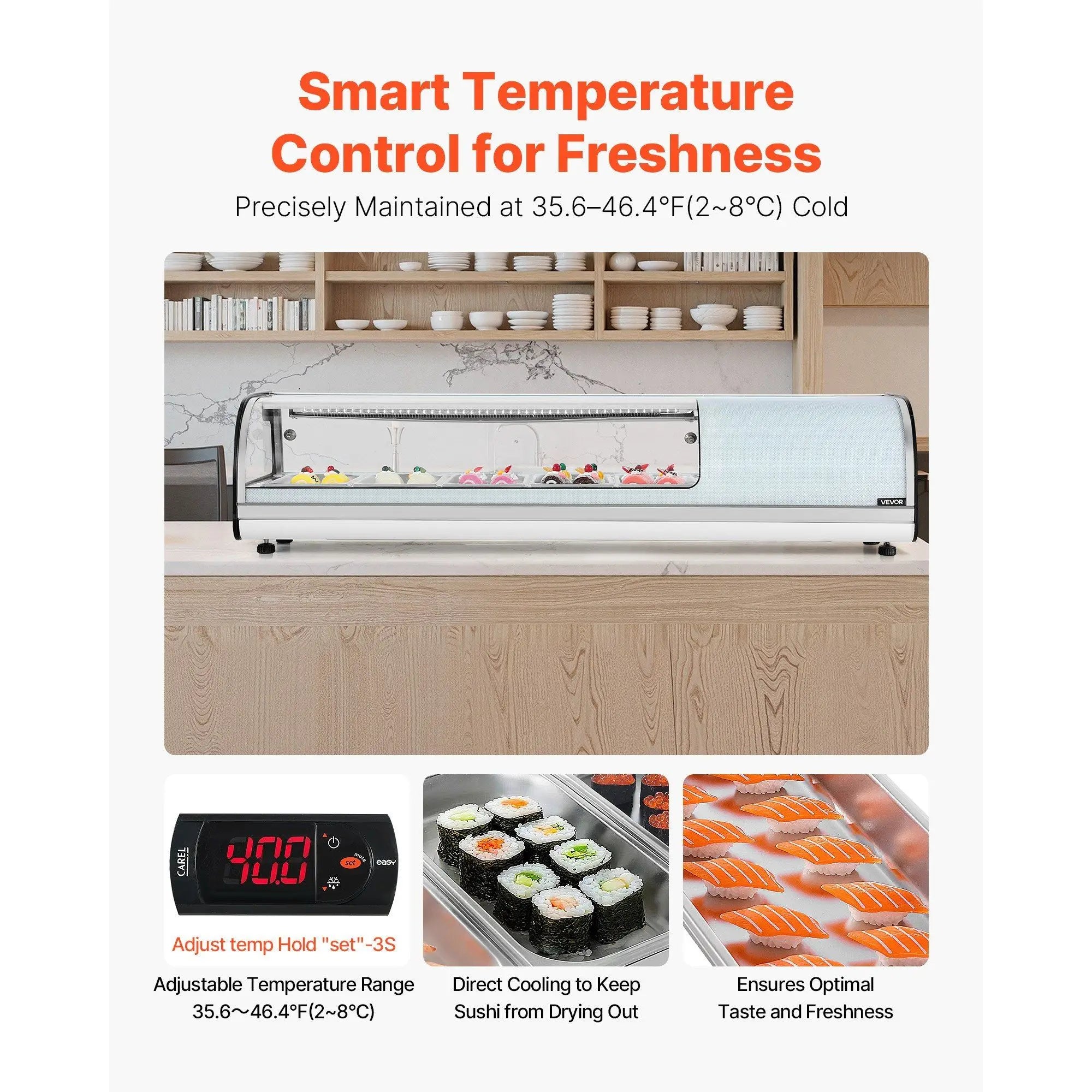 Commercial Sushi Display Case 1.8 Cu.ft 5-Pan Countertop Curved Glass LED Lighting Digital Temperature Control
