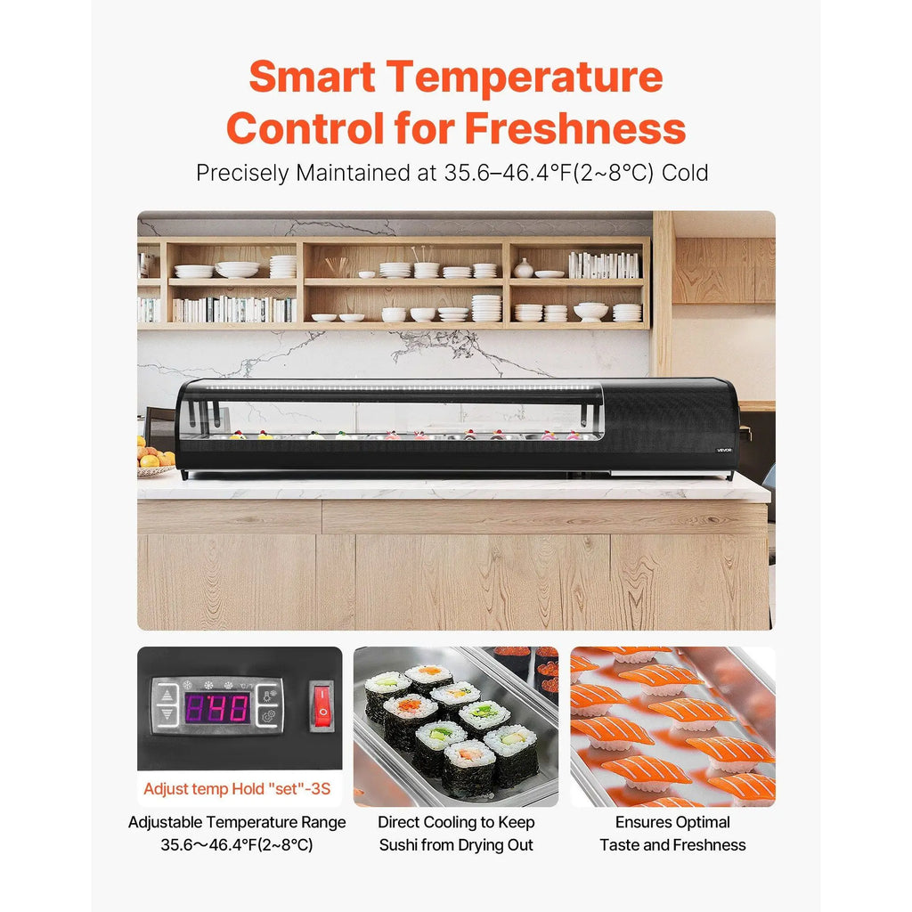 Commercial 2.9 Cu.ft Sushi Display Refrigerator 5-Pan Countertop Showcase Curved Glass LED Fridge