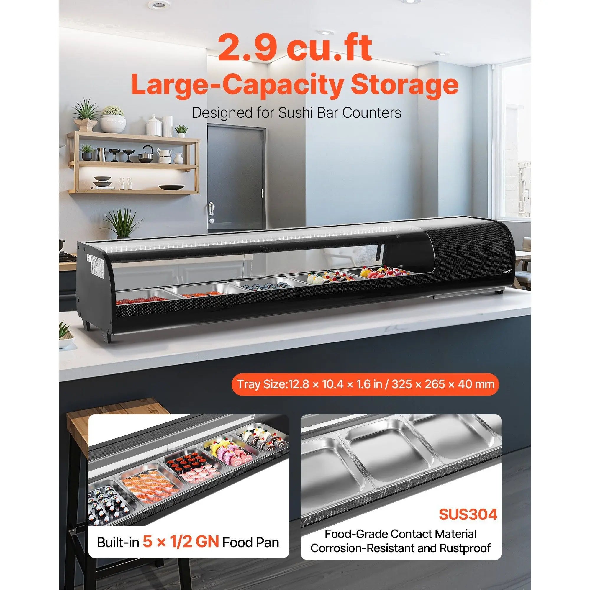 Commercial 2.9 Cu.ft Sushi Display Refrigerator 5-Pan Countertop Showcase Curved Glass LED Fridge