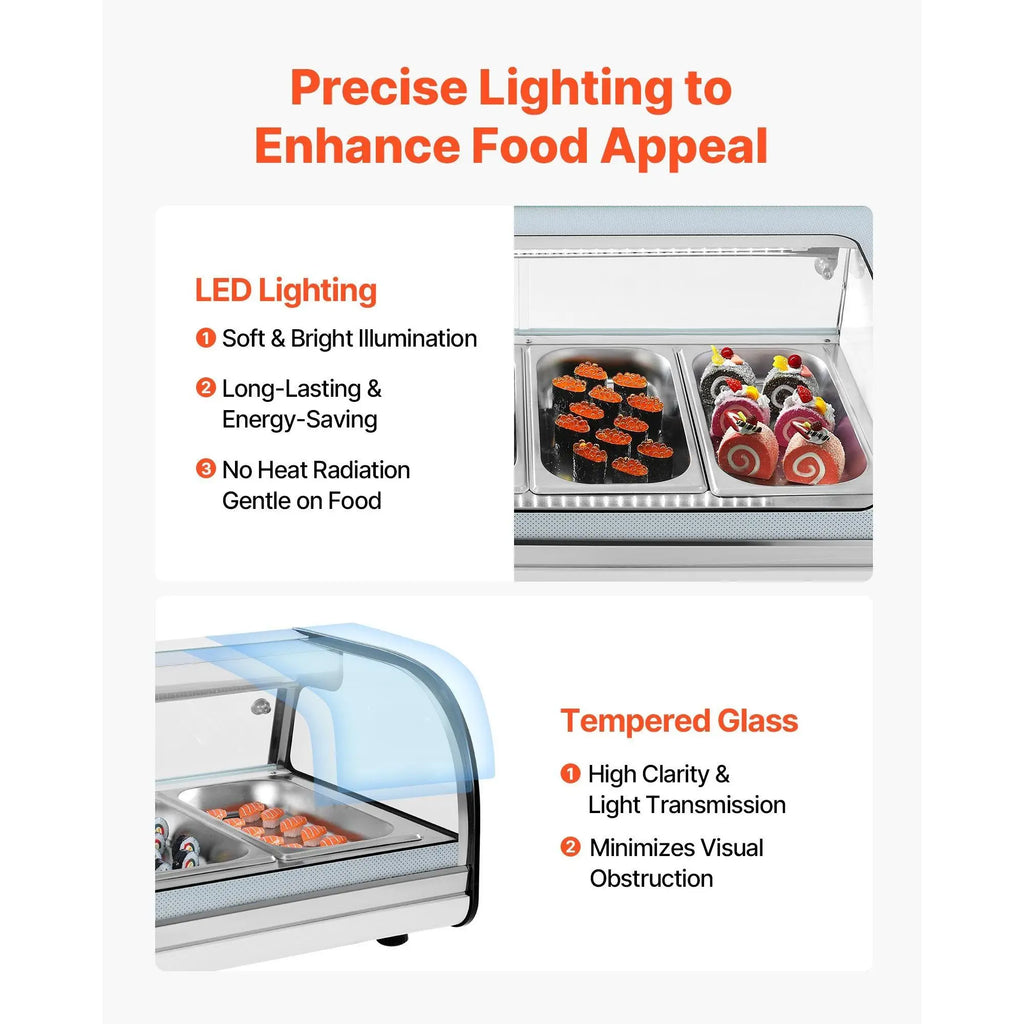 Commercial Sushi Display Case 1.8 Cu.ft 5-Pan Countertop Curved Glass LED Lighting Digital Temperature Control