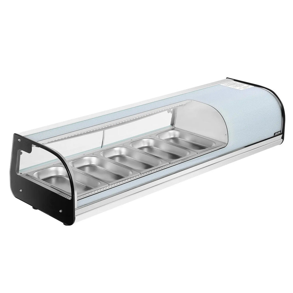 Commercial Sushi Display Case 1.8 Cu.ft 5-Pan Countertop Curved Glass LED Lighting Digital Temperature Control