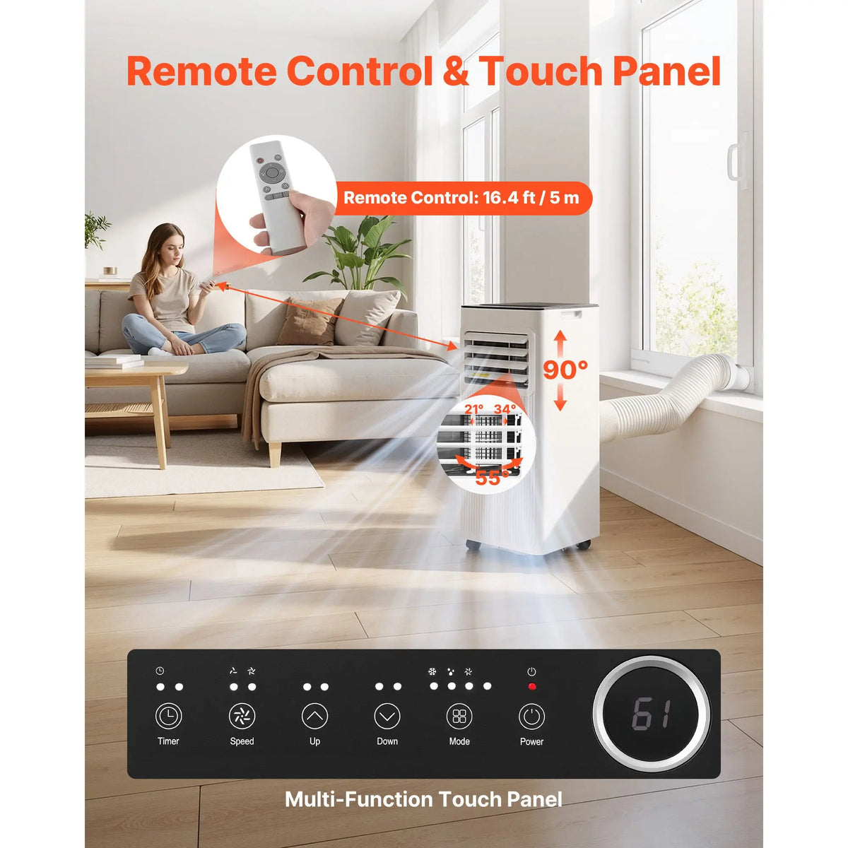 8000 BTU ASHRAE (5000 BTU SACC) 3-in-1 Standing Cooling AC Unit LED Touch Panel Remote Control Portable Air Conditioner Model