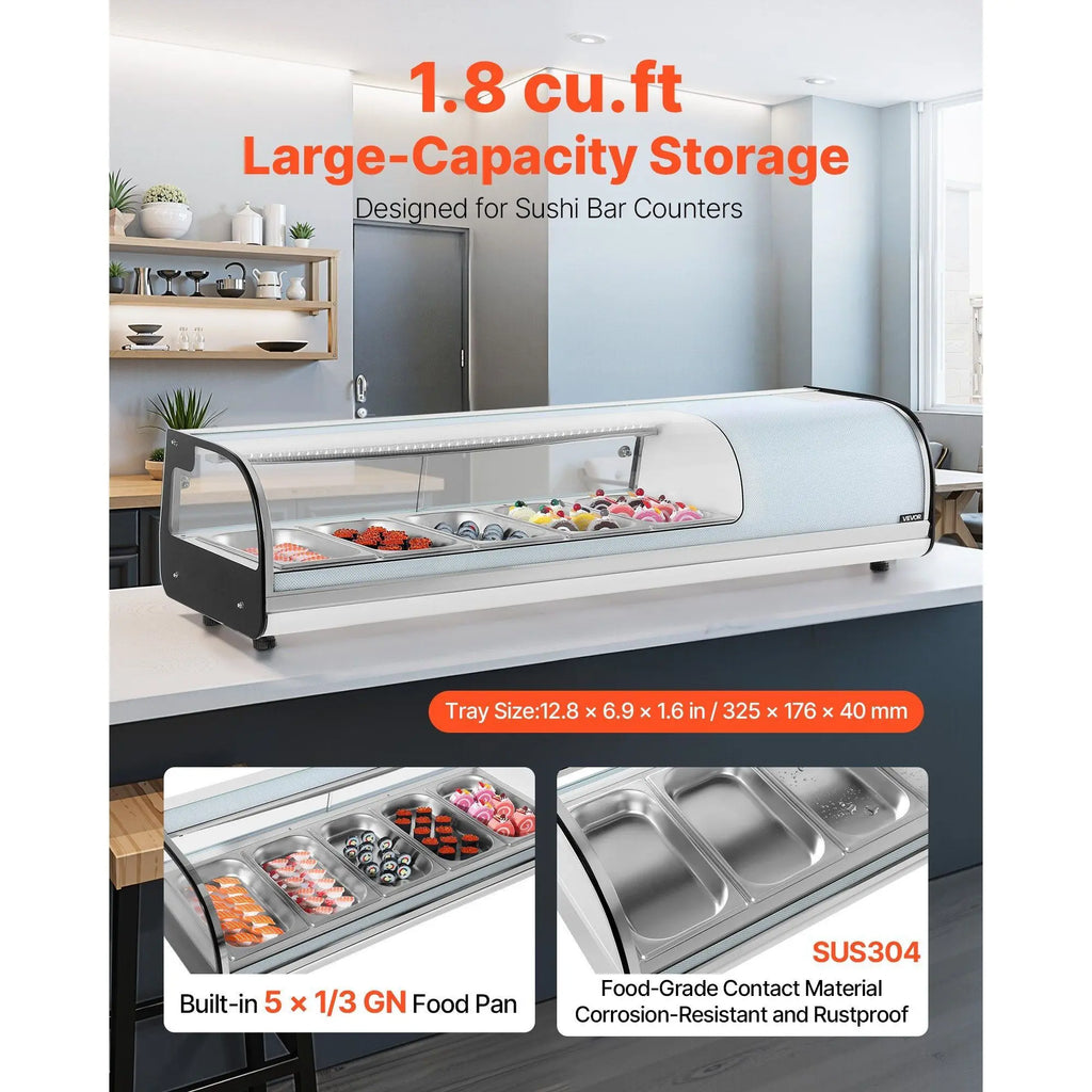 Commercial Sushi Display Case 1.8 Cu.ft 5-Pan Countertop Curved Glass LED Lighting Digital Temperature Control