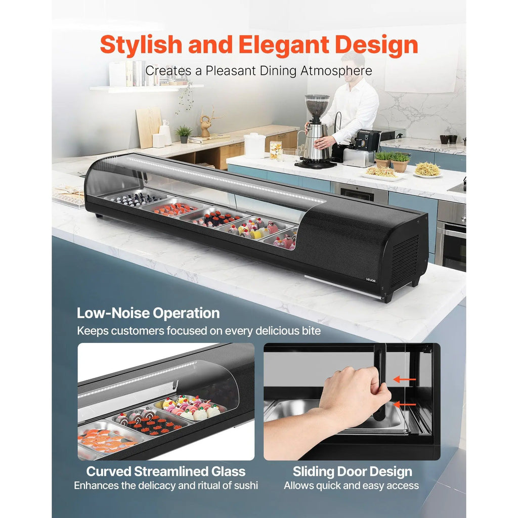 Commercial 2.9 Cu.ft Sushi Display Refrigerator 5-Pan Countertop Showcase Curved Glass LED Fridge