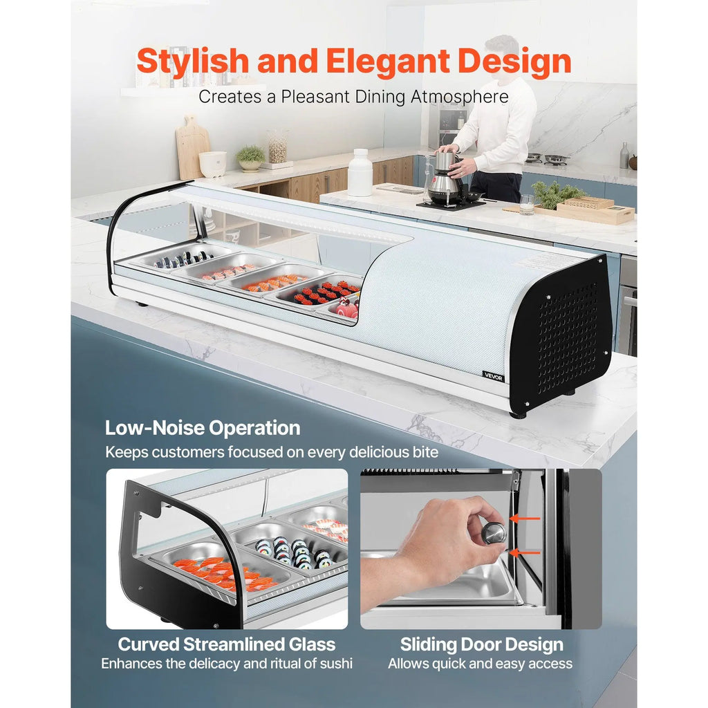 Commercial Sushi Display Case 1.8 Cu.ft 5-Pan Countertop Curved Glass LED Lighting Digital Temperature Control